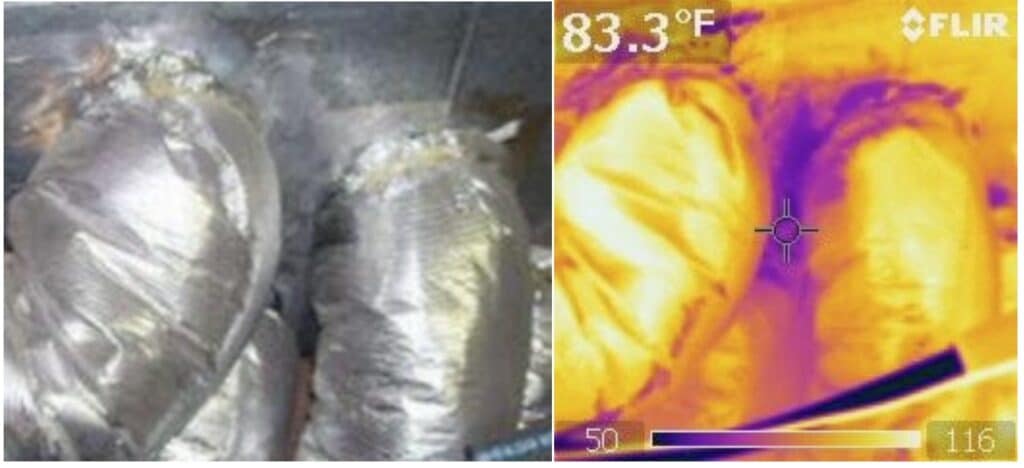 Infrared thermography showing HVAC duct leaks